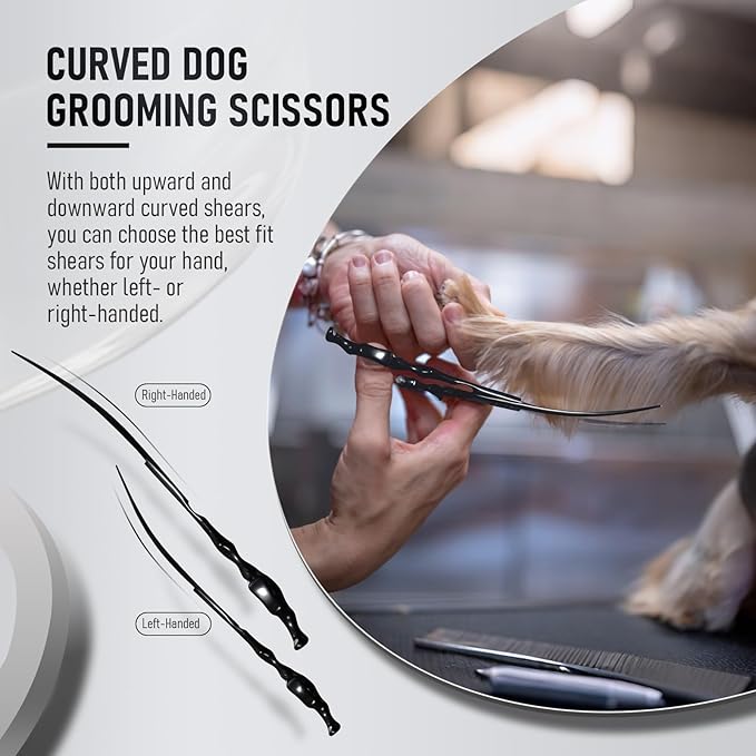 Purple Dragon Dog Grooming Scissors Set - Chunkers, Straight, Up & Down Curved Scissors and Comb, 7 Inch Black Shears with Adjustable Screw for Dogs and Cats