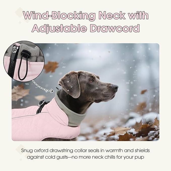 QBLEEV Warm Dog Coat for Medium Dogs, Waterproof Dog Winter Jacket with Built-in Harness & Reflective, Snowproof Warm Coat with Zip Closure, Neck Drawcord & Elastic Waist Snow Jackets, Pink, L