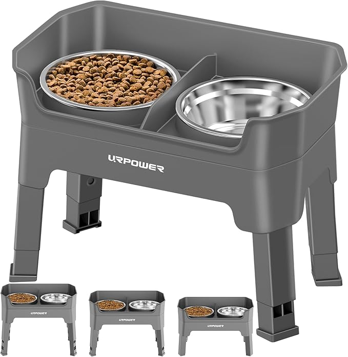 URPOWER 3-in-1 Elevated Dog Bowls - Mess Proof Double Deck 4 Height Adjustable Raised Stand with 2 Stainless Steel Food Bowls & Licking Plate for Small, Medium & Large Dogs