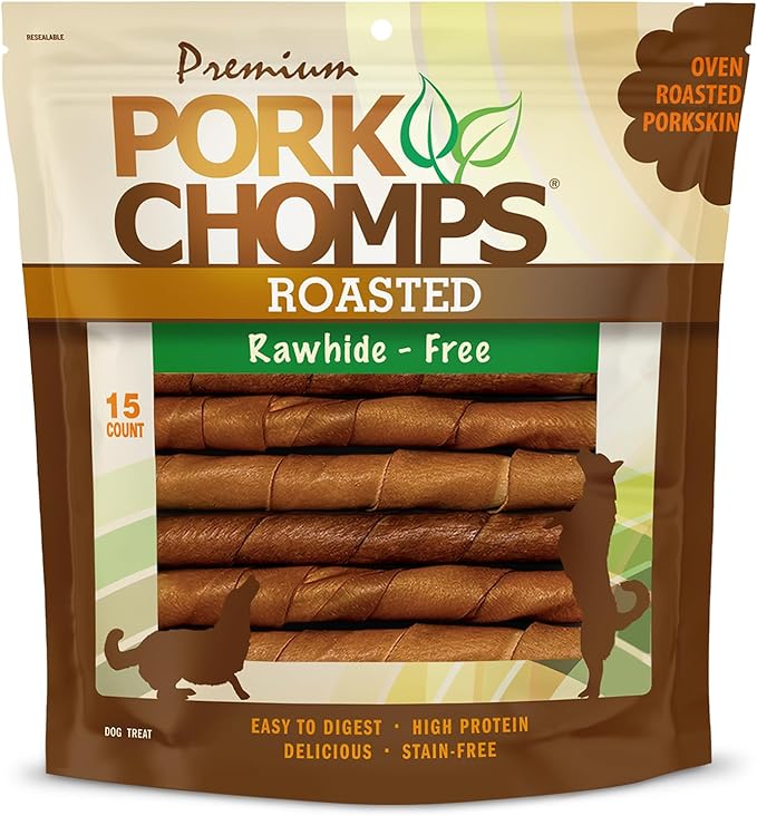 Pork Chomps Roasted Pork Skin Dog Chews, 6-inch Twists, 15 Count