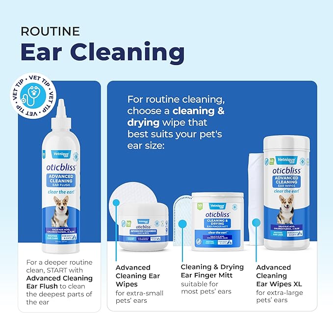Vetnique Oticbliss Ear Finger Wipes for Dogs & Cats Dual-Sided Cleaning Dog Ear Wipes for Odor Control, Dirt & Wax Removal with Soothing Aloe, Salicylic Acid & Aloe Vera, 50ct