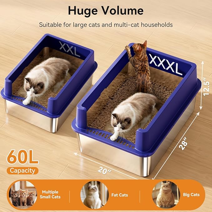 XXXL Stainless Steel Litter Box,28"L*20"W*12.5"H Large Capacity Metal Cat Litter Box for Big & Multiple Cats,Anti-Leakage,Non-Stick Surface for Easy Cleaning,Odor-Resistant,Scratch-Resistant
