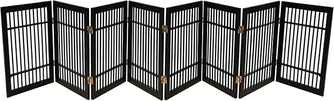 Pet Dog Gate Strong and Durable Freestanding Folding Acacia Hardwood Portable Wooden Fence Indoors or Outdoors by Urnporium (Black Pet Gate, 8 Panel 24" Tall)
