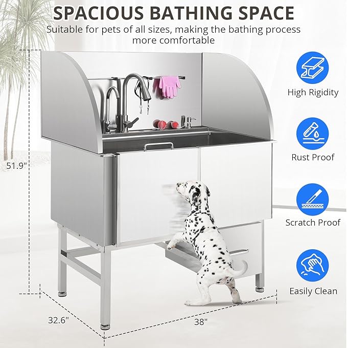 Professional Dog Grooming Tub, 38" Stainless Steel Dog Wash Station with Foldable Ramp, Storage Drawer, Floor Grate & Faucet/Dog Bathtub for Large, Medium & Small Pets - Left Door (38")