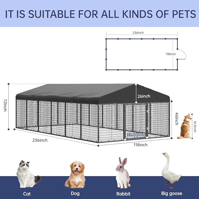 236" x 118" Outdoor Dog Kennel Steel Ideal Dog Fence for Medium/Small Dogs Anti-Rust Coating Cage with Roof All Weather Resistant Dog House with Double Locks