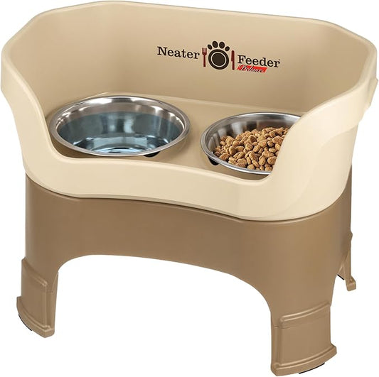 Neater Feeder Deluxe Mess Proof Dog Bowls Elevated for Large Dogs – Made in USA – No Spill Raised Dog Food Bowl Stand w/Leg Extensions – Stainless Steel Dog Food and Water Bowl Set – Cappuccino