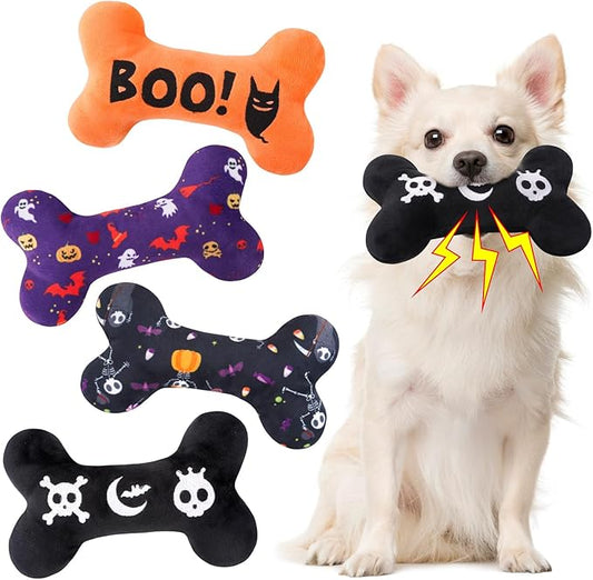 SCENEREAL Halloween Dog Toy for Small Medium Large Sized Dogs- 4Pack Plush Dog Squeaky Toys, Interactive Bone Dog Toys, Puppy Chew Toys for Indoor Outdoor Training