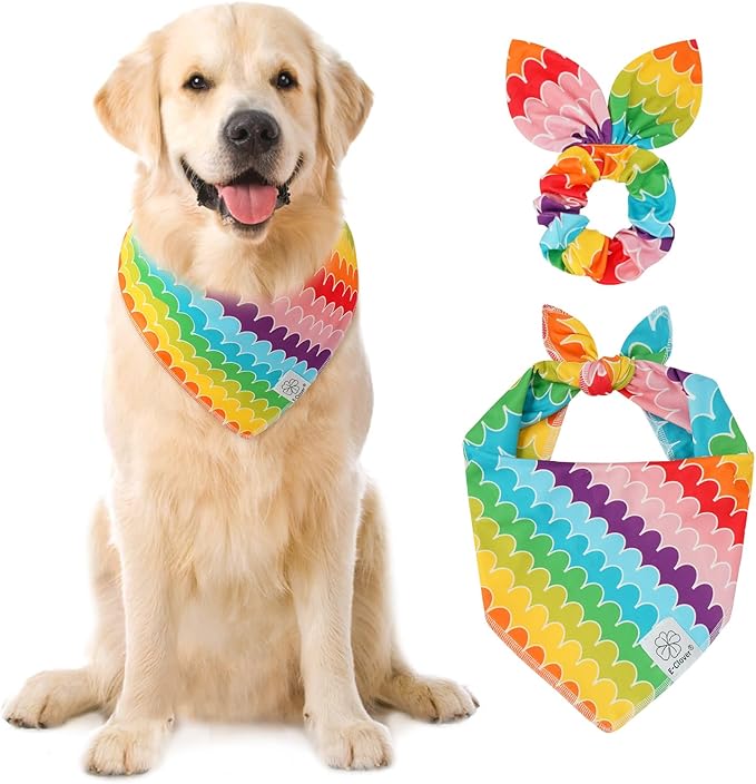 E-Clover Rainbow Dog Bandanas & Matching Scrunchie Set Girl Cute Pride Dog Scarf Bibs Pet Bandana with Bow Tie for Medium Large Dogs Owner Mom Summer