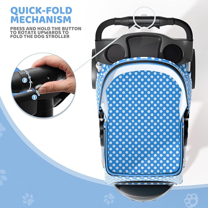 Magshion 3-Wheel Pet Stroller, Foldable Travel Jogger for Small & Medium Dogs & Cats (Up to 33lbs), Lightweight Carrier with Breathable Mesh Cover, Cup Holder & Storage Basket, Sky Blue Polka Dots