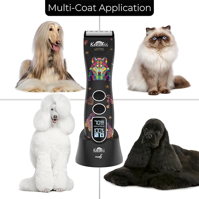 Kenchii Flash 5 Wolf Limited Edition - 5-in-1 Digital Cordless Clipper - Precision Pet Grooming: Trim, Shape, and Style Effortlessly USB-C Charging (Black)