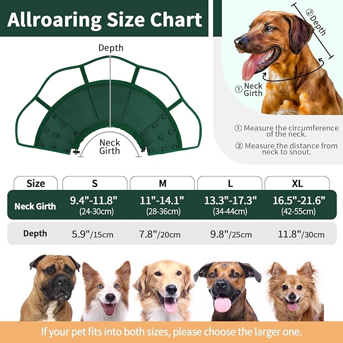 Allroaring Dog Cone, Soft Dog Cones for Small Dogs, Adjustable Doggie Cone Collar to Stop Licking, Professional Pet Recovery Cones E-Collar for Dogs Aftert Surgery Wound Healing, Green S