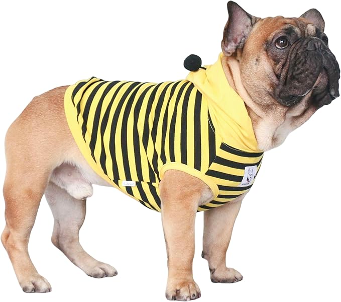 iChoue French Bulldog Bee Honeybee Bumblebee Caterpillar Insect Halloween Costumes Hoodies Sleeveless Clothes Outfits Cosplay Shirts for Dogs Frenchie Pug Boston - Black Yellow, Large Plus