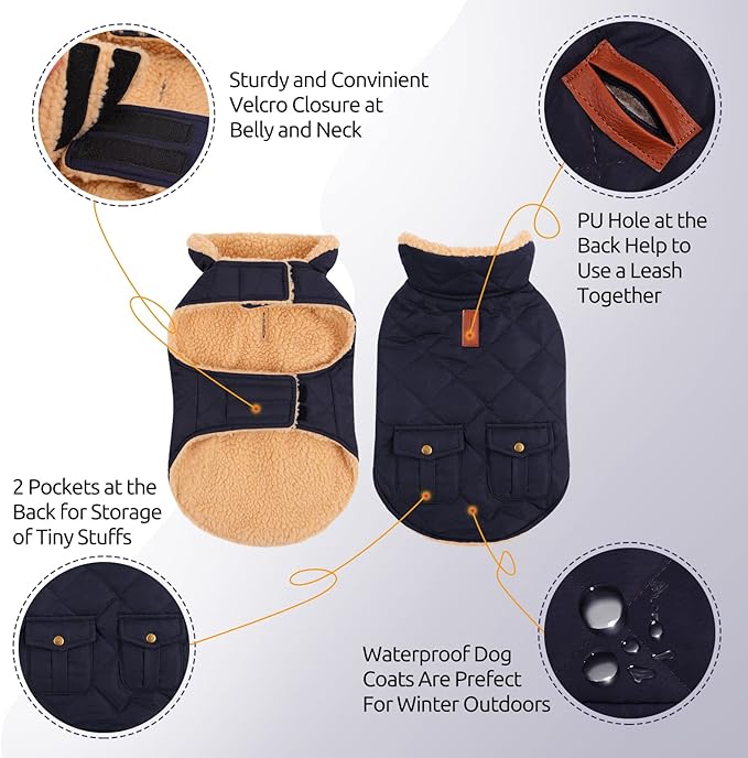 Queenmore Warm Dog Coat, Cold Weather Puffer Dog Jacket with Ultra Thick Plush Lining, Storage Pockets (Dark Navy, Medium)