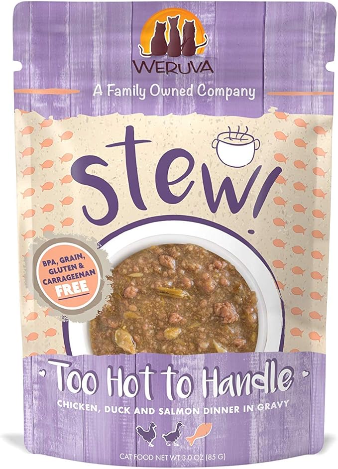 Weruva Classic Cat Stews!, Too Hot to Handle with Chicken, Duck & Salmon in Gravy, 3oz Pouch (Pack of 12)