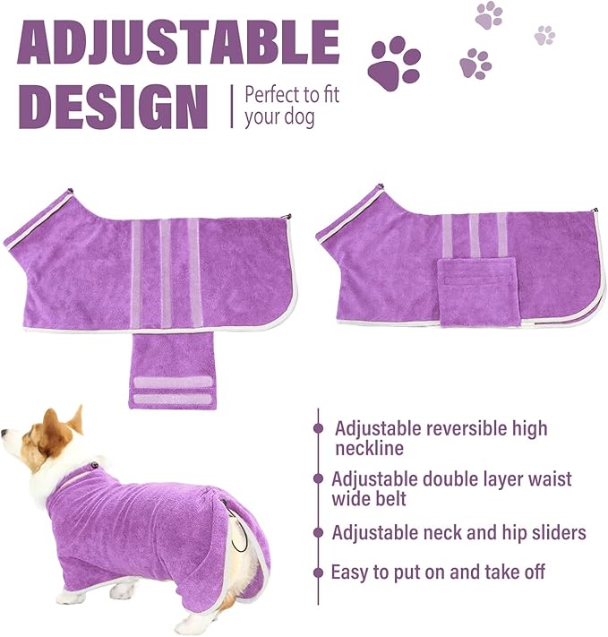 Dog Robe - Fast Drying Towel - Microfiber Super Absorbent Pet Bathrobe, Adjustable Collar & Belly Strap (Purple, Large)