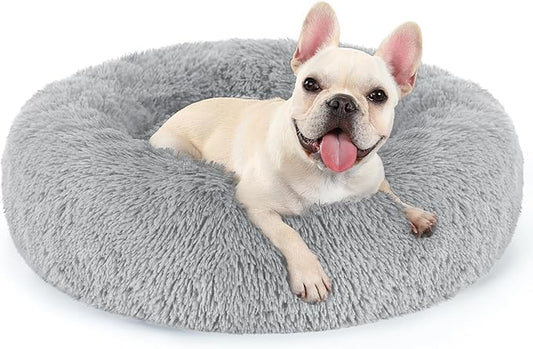 rabbitgoo Dog Bed for Small, 24 inches Machine Washable, Fluffy Donut Pet Bed Anti-Slip, Calming Soft Plush Round Cushion, Fits up to 18 lbs Pets, Light Grey