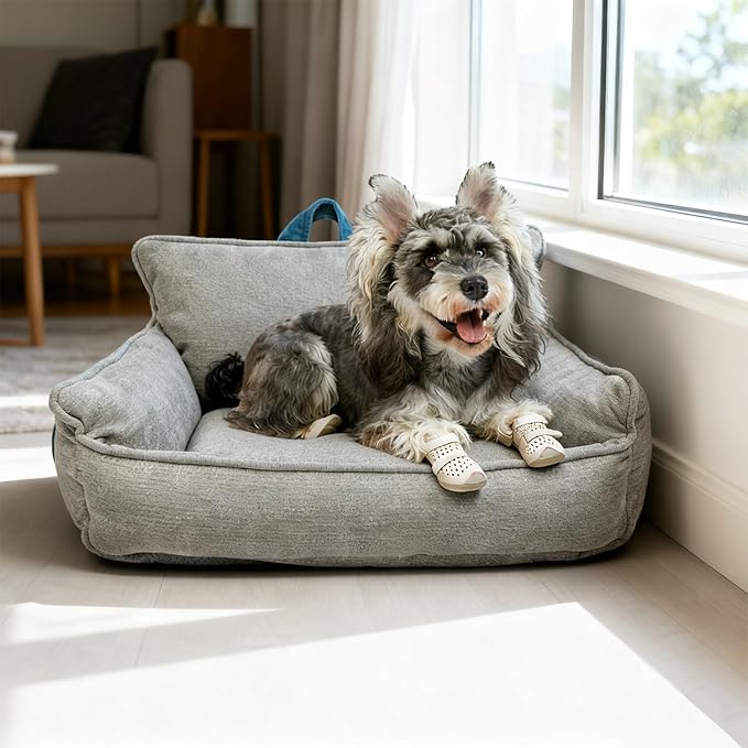Small Orthopedic Dog Sofa Bed with Sides, Carry Handle & Side Pockets .Plush Chenille Orthopedic Pet Bed Couch for Small Breed Dogs & Cats .Portable Snuggler for Indoor Use, Travel & Recovery