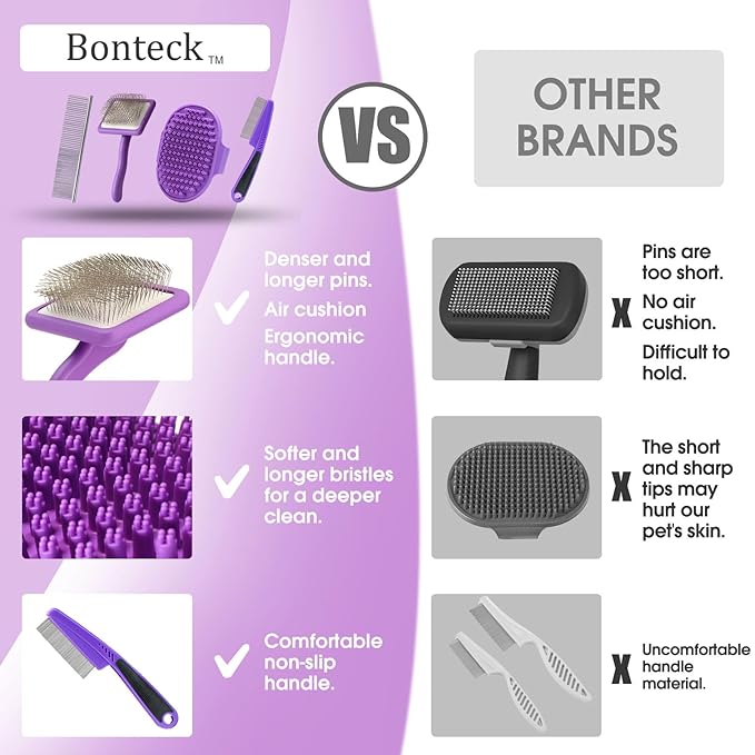 Dog Slicker Brush for Dogs Grooming Kit 4PCS | Large Dog Brush for Goldendoodles Poodles Doodles | Long Pin Haired Brush | Poodle Brushes and Comb (Purple)