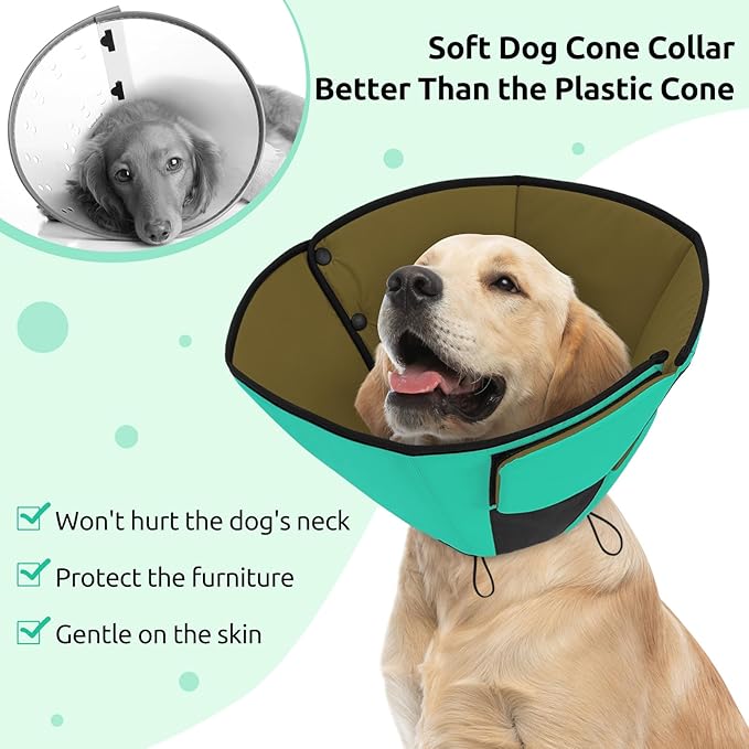 Queenmore Green XL Soft Dog Cone for Large Dogs, Post-Surgery Recovery, Adjustable, Breathable, Comfortable, Custom Fit, Polyester, Elizabethan Collar Alternative