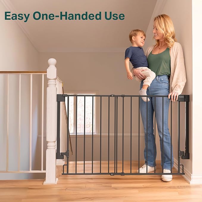 Cumbor 29.2–43" Baby Gate for Stairs, Wall-Mounted (Drill Required), Expandable No Bottom Bar Dog Gate, Auto Close Extra Wide Walk Thru, Pet & Toddler Proof Gate, Top & Bottom of Stairways(Black)
