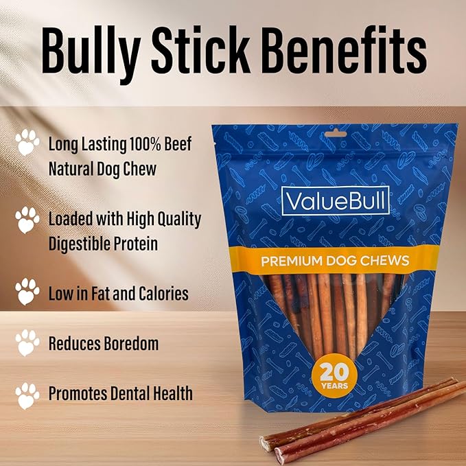 ValueBull Bully Sticks for Large Dogs, Jumbo 12 Inch, 25 Count - All Natural, Grass Fed, Single Ingredient, Long Lasting Dog Treats for Aggressive Chewers
