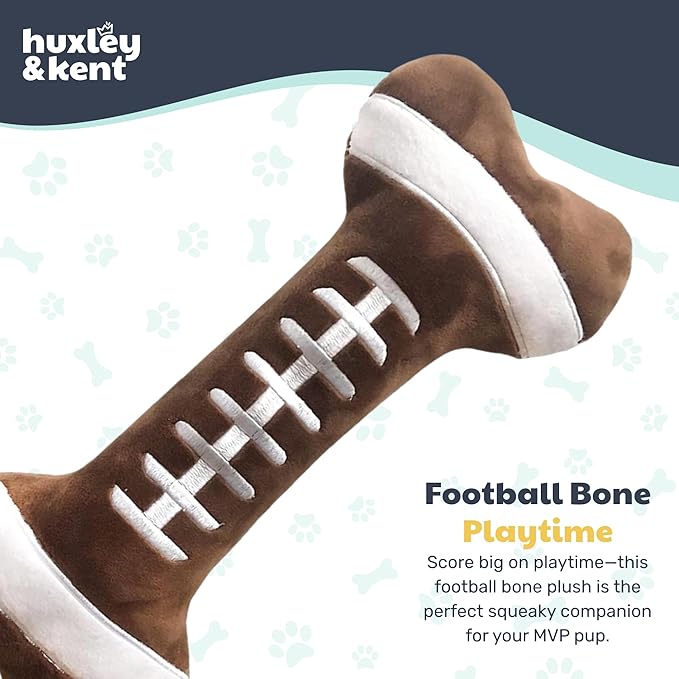 Huxley & Kent Funny Dog Toy w/Squeaker – Power Plush Squeaky Dog Toys for Small, Medium & Large Dogs – Soft Stuffed Animal for Indoor Play & Fetch - Football Bone, Large