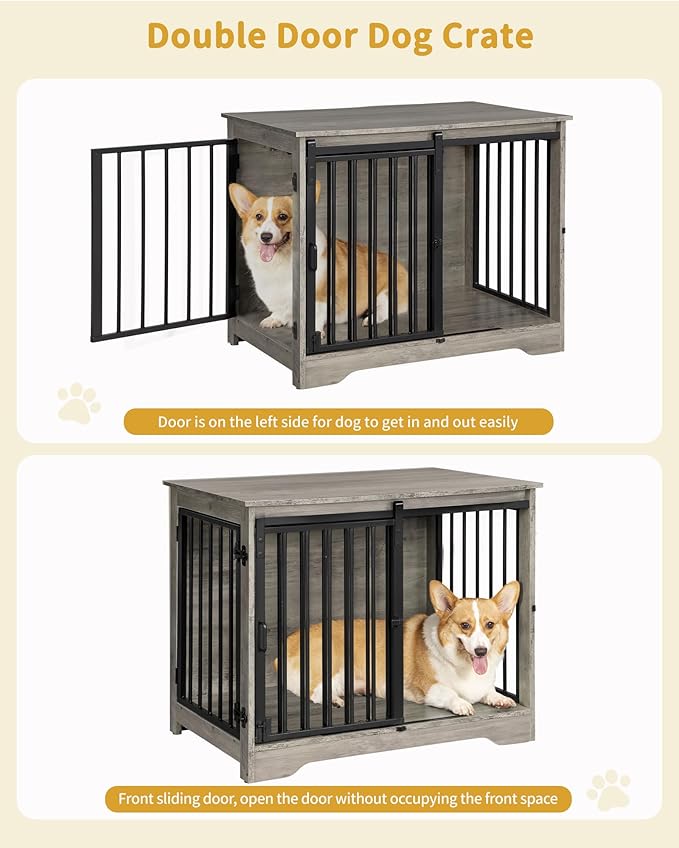 31.9" Dog Crate Furniture with Barn Door, Heavy Duty Dog Kennel Indoor with 2 Doors, Wooden Pet Cage End Table for Small Medium Dogs up to 44 lb, Anti-Chew Anti-Escape, Greige DFC83605B