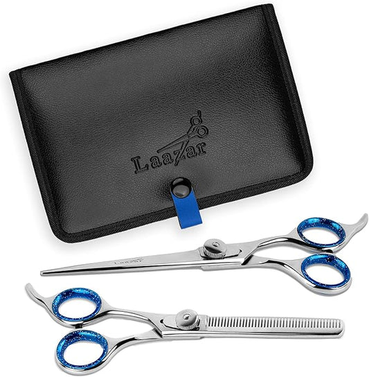Laazar Pet Grooming Set - 7" Straight Pet Grooming Scissors & 6.5" Pet Thinning Shears with 42 Teeth | Professional Dog Scissors Kit | Use as Cat and Dog Shears