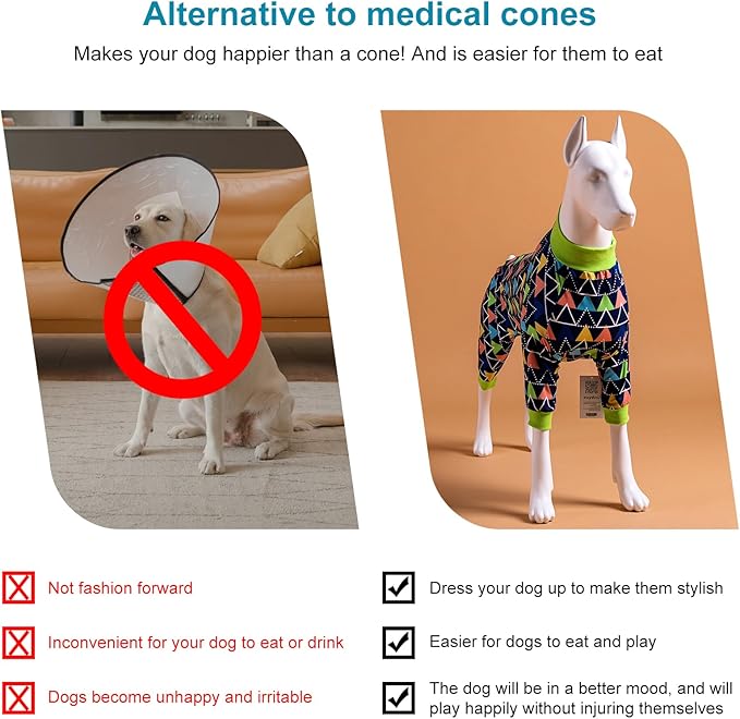 LovinPet Dog PJS Onesies for Large Dogs, Blue Triangle Print, Post Surgery Shirt, UV Protection, Pet Anxiety Relief, Wound Care Onesie for Large Dog,Medium