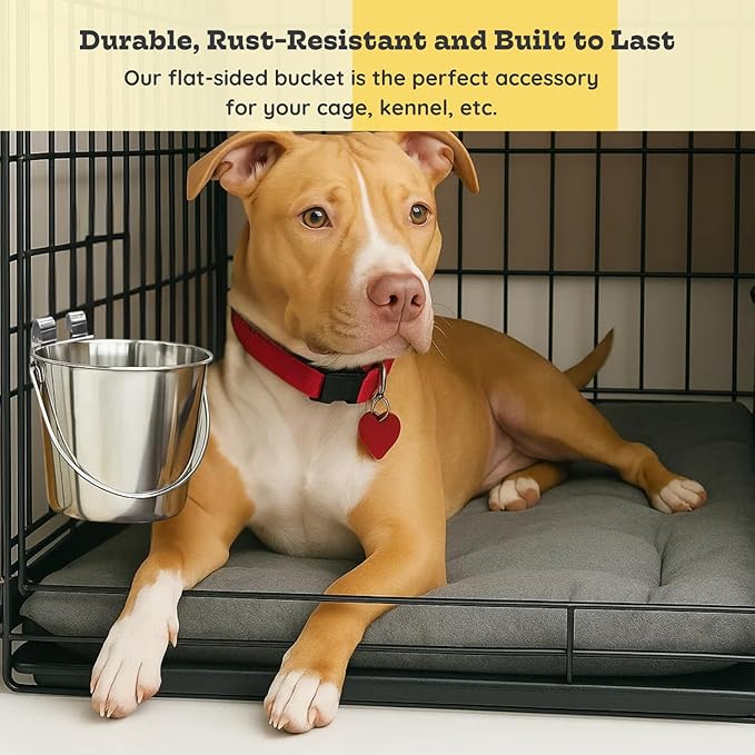 4 Quart Stainless Steel Flat Sided Pail with Dual Hooks | Hanging Bucket for Dogs, Cats, Goats & Livestock | Durable Food & Water Bowl Fits Kennels, Crates & Cages | Multipurpose Use