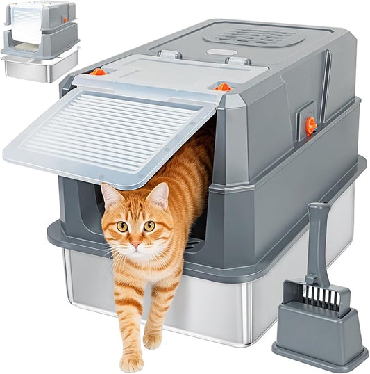 SZEE Stainless Steel Litter Box, Large Size, Fully/Half Enclosed Design, Foldable Front Door for Scooping, Activated Charcoal Odor Control, Prevent Splashing Out