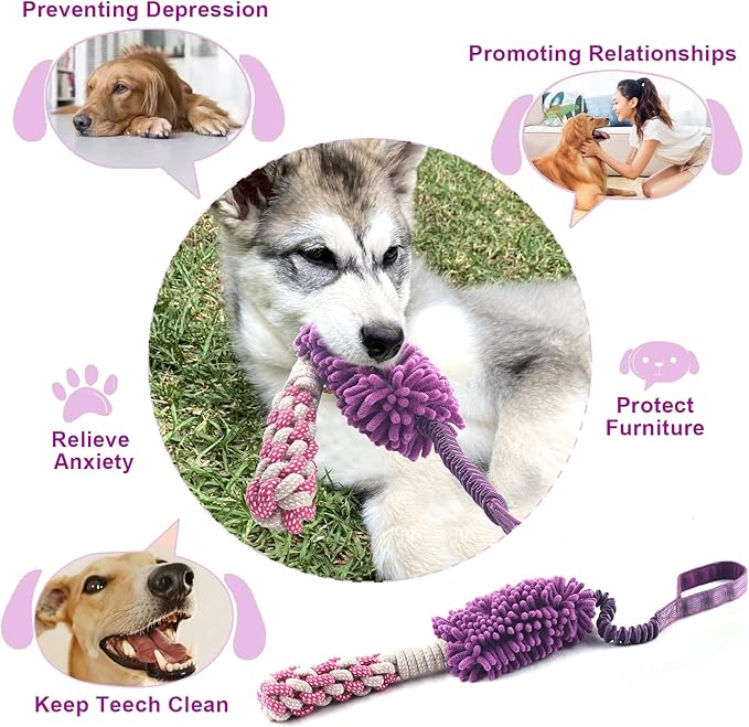 Dog Puppy Toys Dog Squeak Toys Plush Dog Toy with Dog Ropes Knots for Fun and Teeth Cleaning,Tug of War Toys, Puppy Chew Toys, Dog Rope Toys for Training Small, Large Dogs (Purple, Dog Bite Stick Toy)