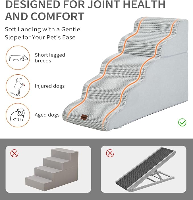 Made4Pets Dog Stairs Ramp for High Bed, 5-Step Pet Stairs for Bed Couch Sofa Climbing, 35D Foam Pet Steps for Small Dogs and Cats, Non-Slip Bottom Dog Steps, Light Grey