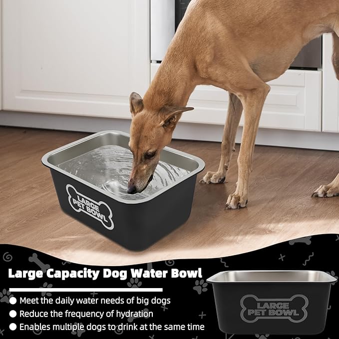 3 Gallons Large Dog Water Bowl, High Capacity Stainless Steel Dog Bowls, Indoor Outdoor Water Bowl for Dogs Metal Pet Food Dish for Medium Large Giant Breed Easy to Clean (Black)