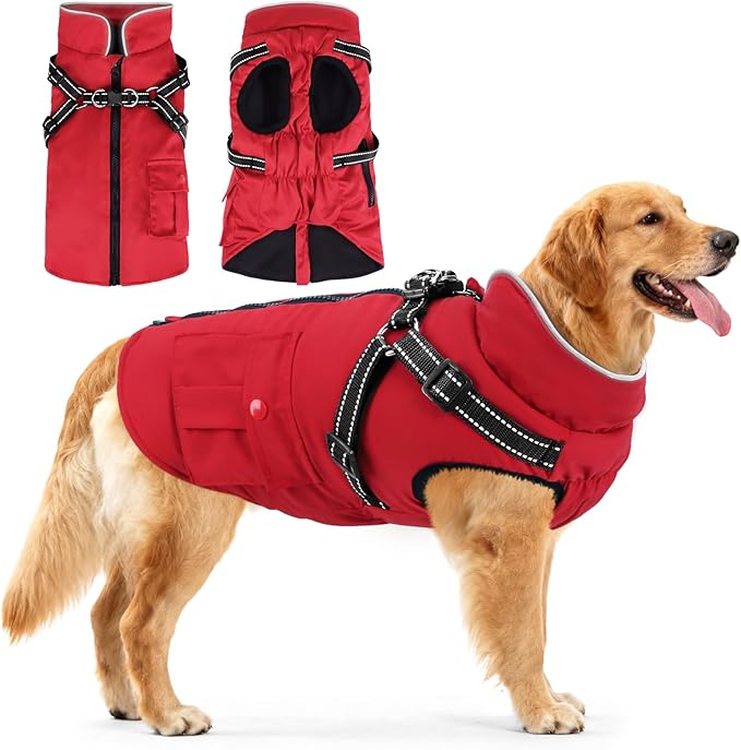 Dog Winter Coat with Harness Built-in | Waterproof Dog Jacket with Zipper & Fleece Lining | Reflective Cold Weather Coat for Small Medium Large Dogs