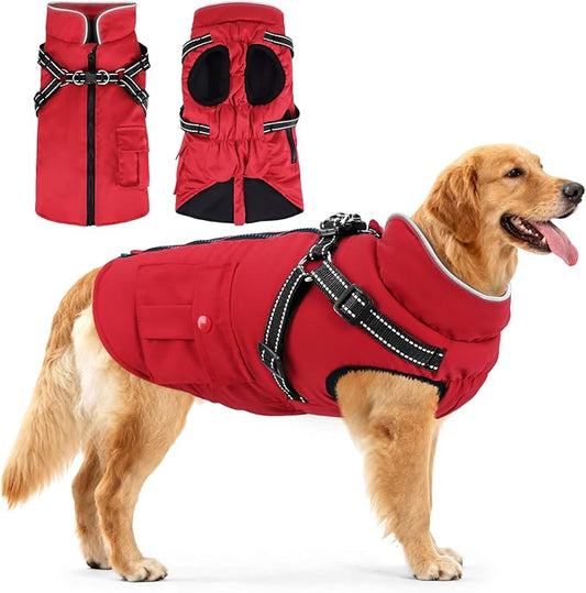 Dog Winter Coat with Harness Built-in | Waterproof Dog Jacket with Zipper & Fleece Lining | Reflective Cold Weather Coat for Small Medium Large Dogs
