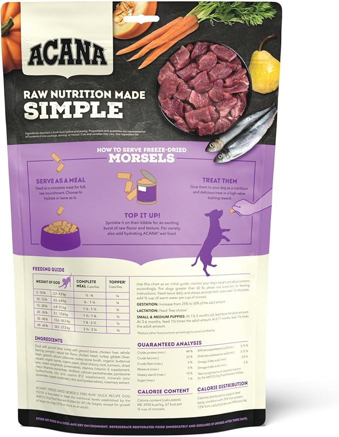 ACANA Grain-Free High Protein Freeze Dried Dog Food & Topper Free-Run Duck Recipe Morsels 8oz Bag