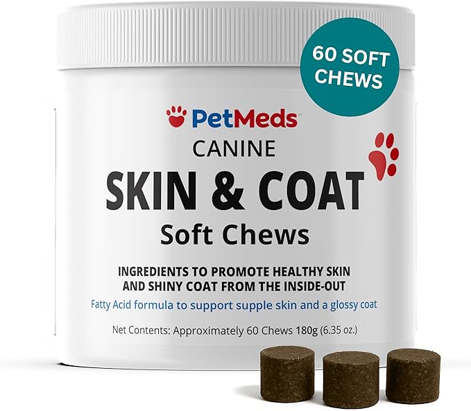 PetMeds Skin & Coat Supplement for Dogs - Fish Oil, Omega 3, Vitamin E, & Biotin for Dry, Itchy Skin & Shedding Relief - Healthy Skin & Shiny Coat - Beef & Sweet Potato Flavor - 60 Soft Chews