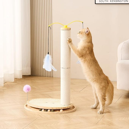 SHENGOCASE Cat Tree Scratching Post Scratcher, 26 Inch Tall, Solid Wood Base,Sisal Rope, Interactive Ball Track and Spinning Wand Feather Toys, Scratch Pad