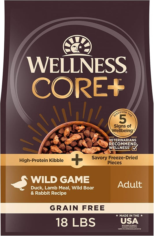Wellness CORE+ (Formerly RawRev) Natural Grain Free Dry Dog Food, Wild Game Duck, Wild Boar & Rabbit with Freeze Dried Lamb, 18-Pound Bag