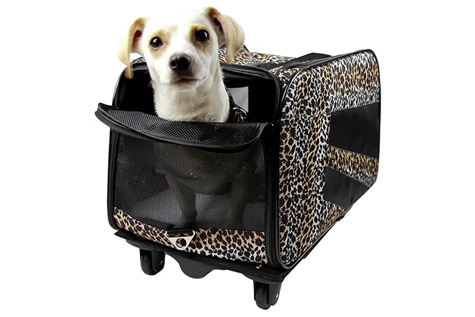 dbest products Pet Smart Cart, Medium, Leopard, Rolling Carrier with Wheels Soft Sided Collapsible Folding Travel Bag, Dog Cat Airline Approved Tote Luggage Backpack