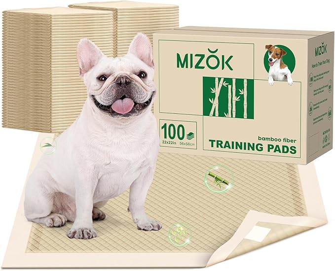 MIZOK Puppy Pads Small 22x22 Pee Pads for Dogs Bamboo Odor Eliminating & 6-Layer Absorbent Leak-Proof Dog Pee Pads Potty Training with Adhesive Tabs, Disposable (100 Counts)