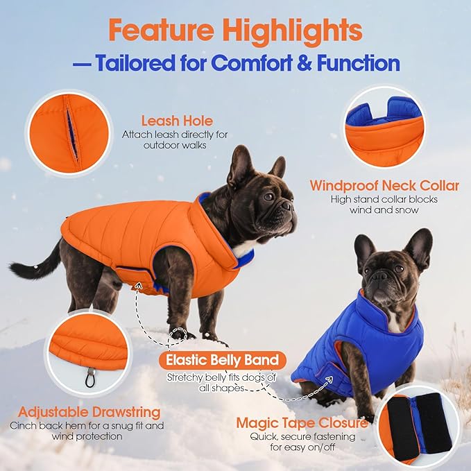 QBLEEV Reversible Dog Puffer Coat, Warm Orange Vest for Dogs, Waterproof Windproof Padded Jacket for Small Dogs, Adjustable Puppy Winter Coats, XS Snow Cold Weather Coats for Chihuahua Yorkie