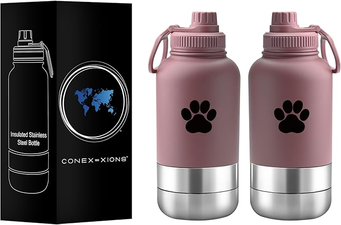 32 oz Portable Dog Water Bottle & Bowl for Travel- 3 in 1, Stainless Steel, Leak-Proof, Insulated (Mischievous Mauve, 32 oz)