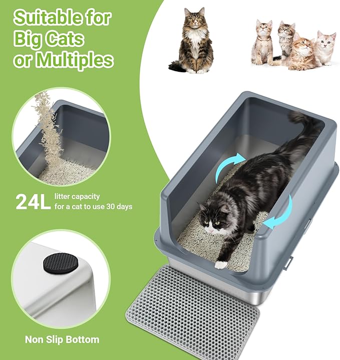 LIHONG Stainless Steel Cat Litter Box, XL Metal with Lid, Cat Litter Pan for Large Cats, Non-Sticky Large Kitty Litter Box, Anti-Leakage, 23.5" X 15.5" X 14" XXL