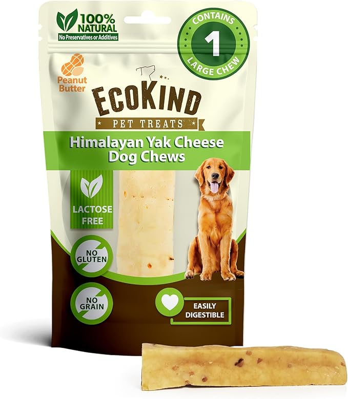 EcoKind Premium Gold Yak Cheese Himalayan Dog Chews, Dog Treats Large Breed, All Natural, High Protein Dog Chew, Peanut Butter, Large - 1 Chew