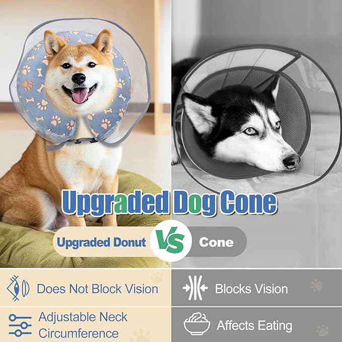 Dog Cone, Inflatable Dog Cone for Small, Medium, and Large Dogs, Soft Cone for Dogs After Surgery with Adjustable Buckle, Adjustable Soft Recovery Collar with Detachable Cove