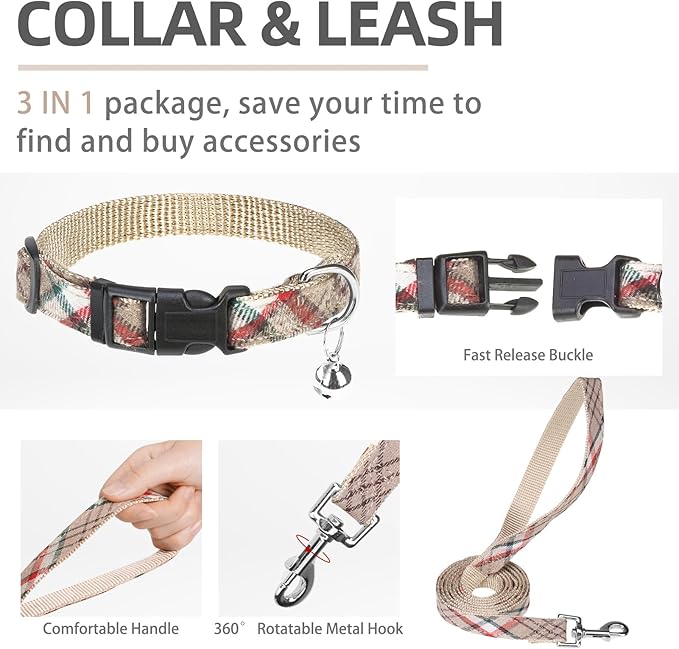 PUPTECK Adjustable Dog Harness Collar and Leash Set Step in No Pull Pet Harness for Small Medium Dogs Puppy and Cats Outdoor Walking Running, Soft Mesh Padded Reflective Vest Harnesses, Khaki L