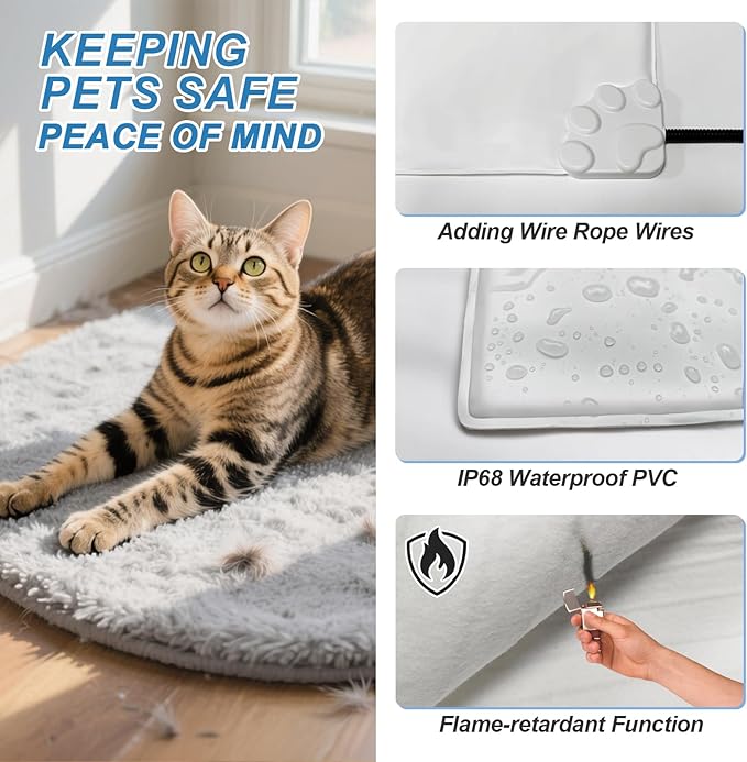 Dog Heating Pad, 32×20 in Heated Dog House, Upgraded Always-On Smart Thermostat Metal Protective Tube with a Plush Fabric Cover Puppy Whelping Supplies- Grey