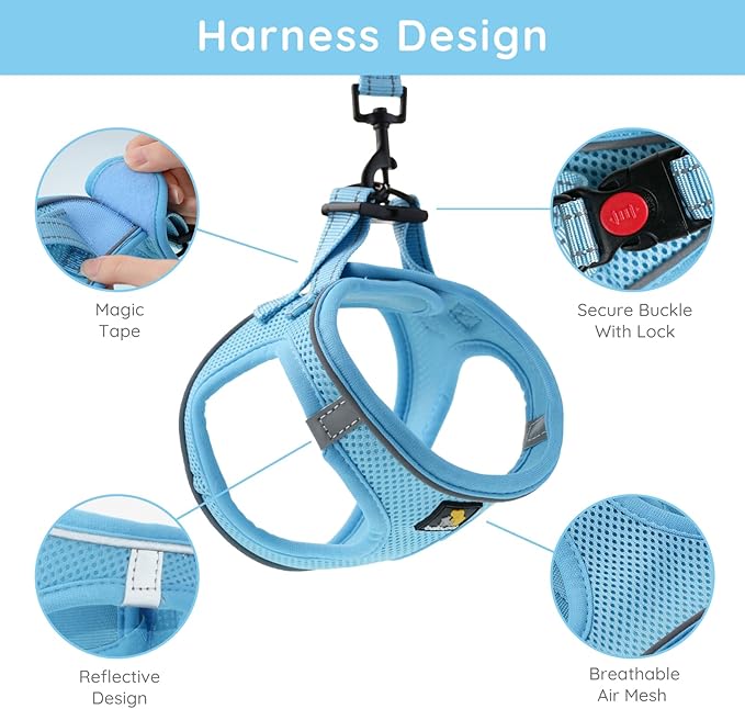 BELLA & PAL Step in Vest Harness for Small and Medium Dogs, No Pull Small Dog Harness with Leash Set, Comfortable Air Mesh Dog Vest Harness with Reflective Strip (Sky Blue, L)